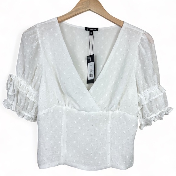Dynamite Tops - Dynamite White V-neck Eyelet Puff Sleeves Smock Cropped Top Women Small
